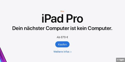 Screenshot des früher von Apple verwendeten Slogans "iPad Pro - Dein nächster Computer ist kein Computer"