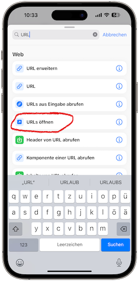 Die Aktion "URLs öffnen" selektieren